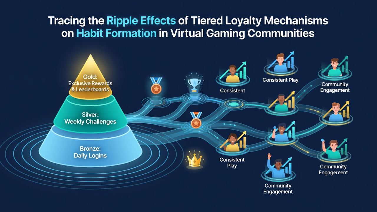 Darstellung von gestaffelten Belohnungssystemen in virtuellen Gaming-Communities mit verschiedenen Spielerleveln und Fortschrittsanzeigen